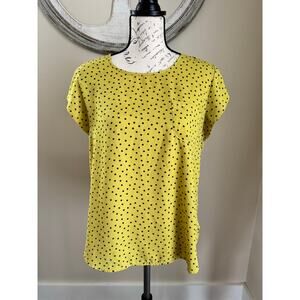 Lily White Women’s Blouse L Yellow Black Polka Dot Short Sleeve Top